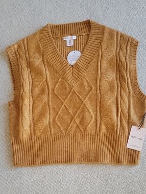 Sincerely Jules Mustard Cable Knit V-Neck Sweater Vest Oversized Modern Boxy
